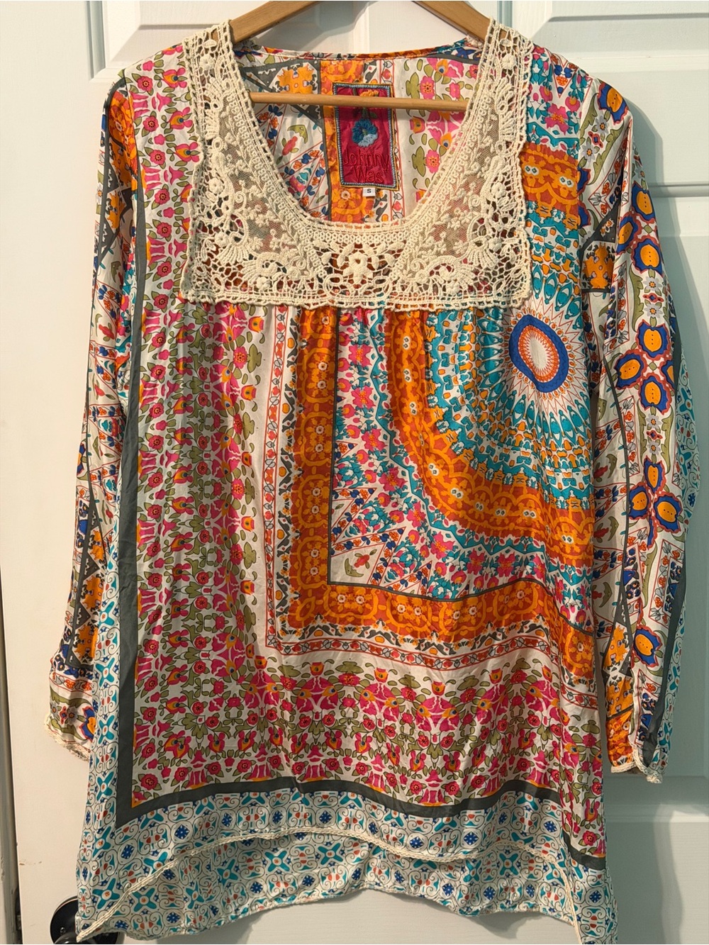 Bohemian Crochet-Yoke Floral Print Tunic Top - Multi